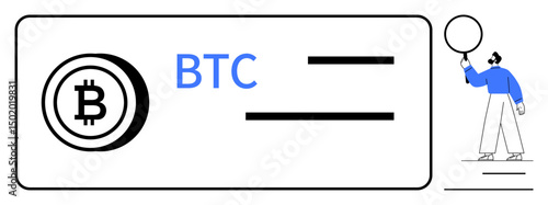 Bitcoin logo alongside BTC text and horizontal lines, minimalistic figure holding a circle. Ideal for cryptocurrency, finance, blockchain, investment, savings, modern tech, simple landing page