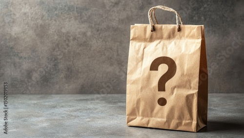 Kraft paper bag with question mark on gray surface, product or mystery concept