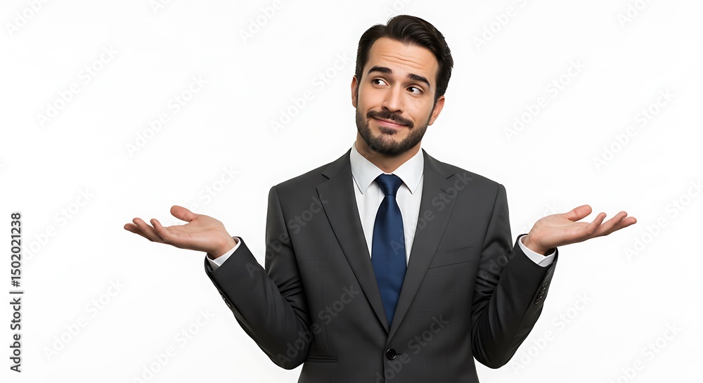 Confused Businessman In Suit Shrugging with Hands Wide Open on Isolated White Background Confused Businessman In Suit Shrugging with Hands Wide Open on Isolated White Background