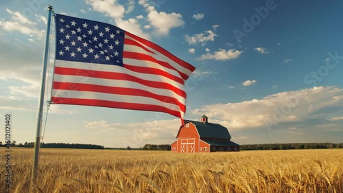 American Flag Waving in a Wheat Field with a Red Barn under a Blue Sky