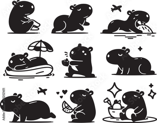 "Capybara Silhouette Vector Set – Cute Black and White Rodent Illustrations in Various Poses"
