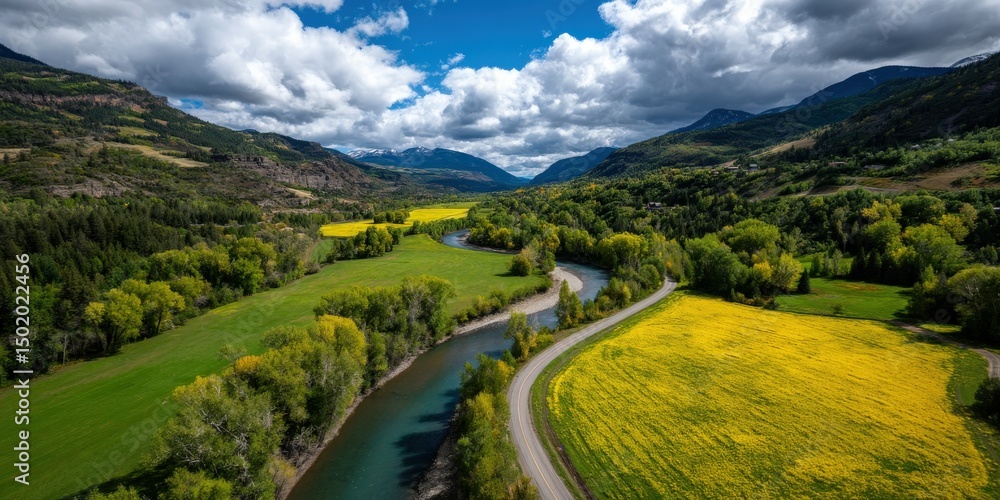 Obraz premium Vibrant valleys and winding rivers in a picturesque landscape during daytime