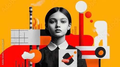 Girl Amidst Industrial Collage A Modern Reflection on Progress and the Environment