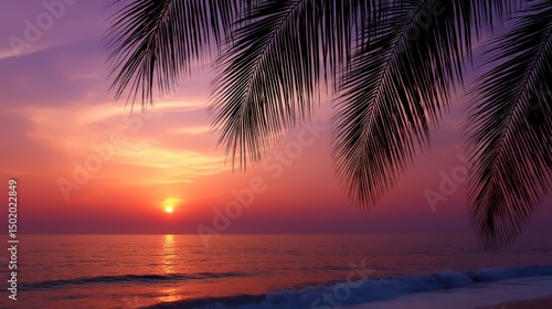 Serene sunset over calm ocean with palm trees at a tropical beach
