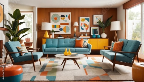 Wallpaper Mural A comfortable modern living room interior features a stylish sofa, chairs around a wooden table, and elegant decor on the floor Torontodigital.ca