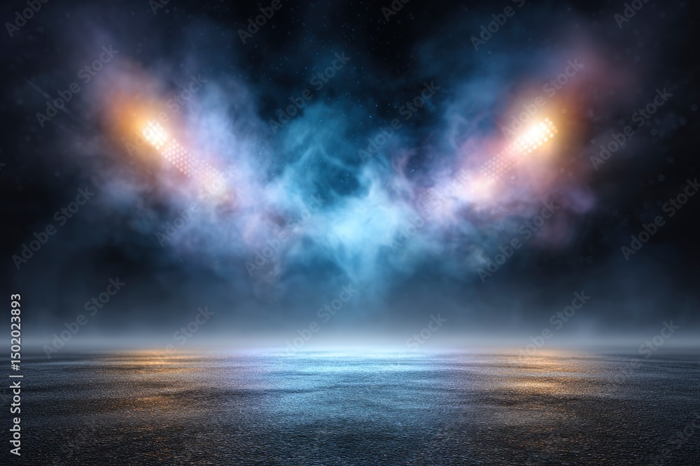 Fototapeta premium Night Stadium: Dramatic Smoky Lightscape with Glowing Stage