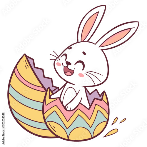 A Happy Easter Bunny Emerging From a Decorated Egg