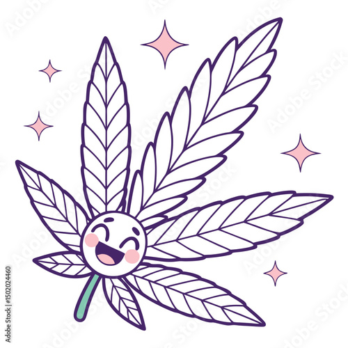 Happy Marijuana Leaf Cartoon Character with Sparkling Stars Around Him