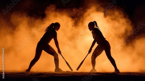 Two silhouetted softball players face off, bats poised, amidst an orange smoky backdrop.