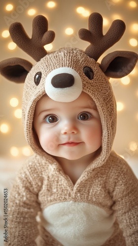Adorable baby in cozy reindeer costume with antlers, posing indoors against warm bokeh lights background