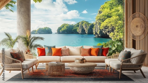 Luxurious tropical lounge with Bali-inspired decor and festive cushions  overlooking a scenic island seascape in Christmas season setting