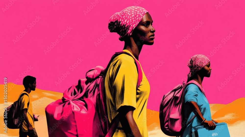 Three African figures, a woman and two children, walk with bags against a bright pink sky and orange landscape. Three African figures, a woman and two children, walk with bags against a bright pink sky and orange landscape.
