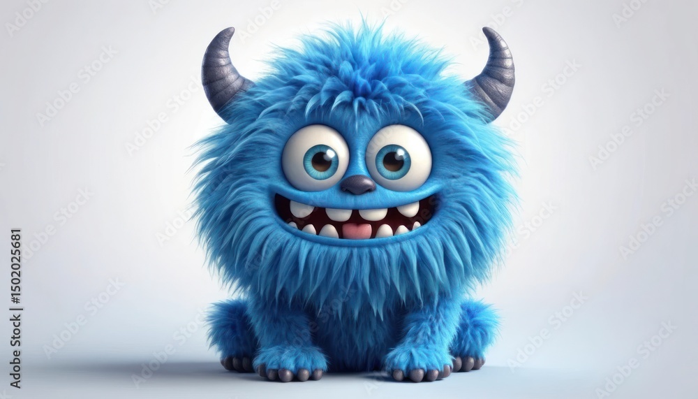 Cute blue furry monster cartoon vector illustration, on white background