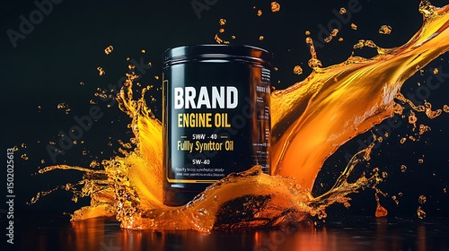 Engine oil container with vibrant splashes.