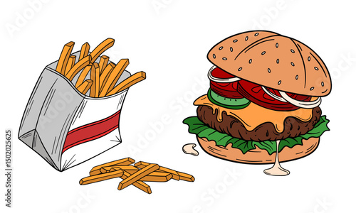 French potato fries with juicy fresh burger with dripping cheese, beef patty, fresh vegetables. Fast food delicious meal with tomato sauce. Takeout american food snack stick in box. Outline food art