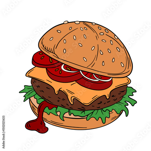 Juicy fresh burger with dripping cheese, beef patty, fresh vegetables and soft bun with sesame seeds. American fast food cuisine with ketchup and mustard. Outline food art