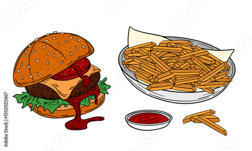 French potato fries with juicy fresh burger with dripping cheese, beef patty, fresh vegetables. Fast food delicious meal with tomato sauce. Takeout american food snack stick in box. Outline food art