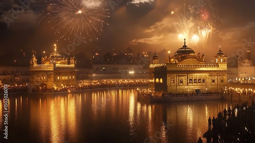 Golden temple at night illuminated by fireworks.