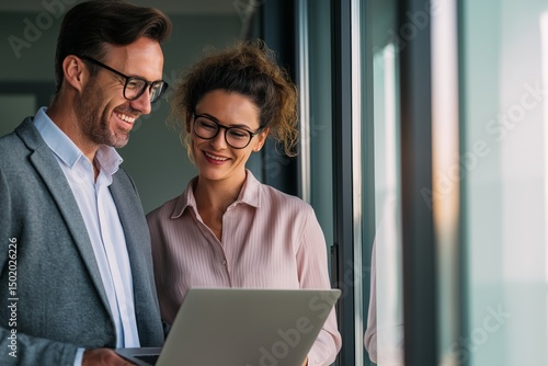 Smiling businesswoman and businessman standing by office window holding laptop, discussing work together in bright modern workspace