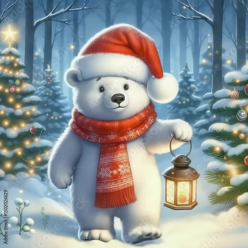 Cartoon Polar Bear Walking with Lantern in Forest – Cozy Nighttime Animation