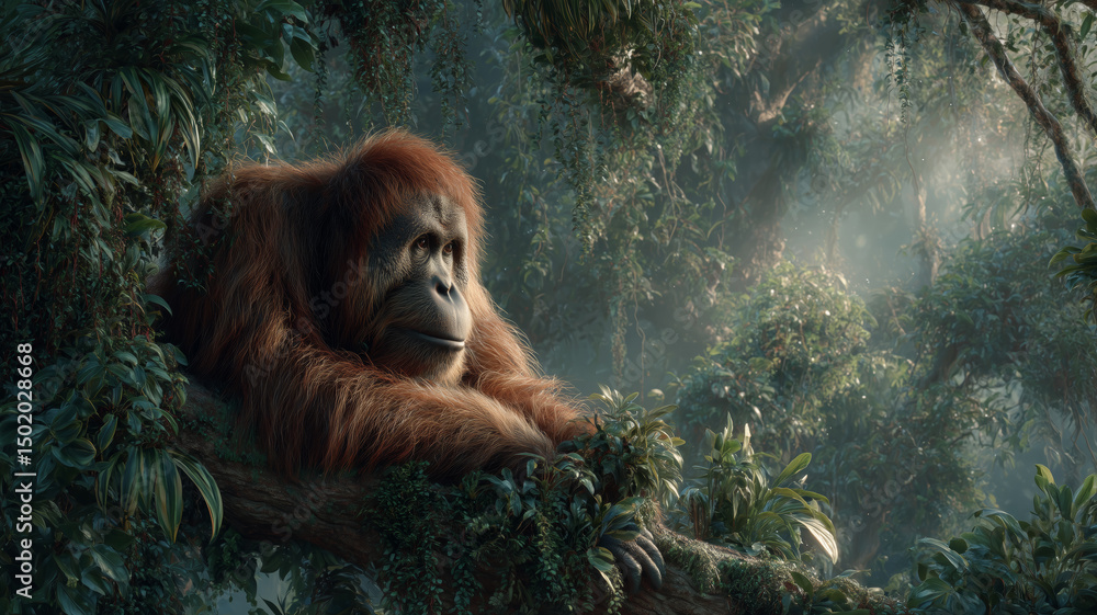 Obraz premium Majestic Bornean orangutan resting in the lush rainforest habitat
