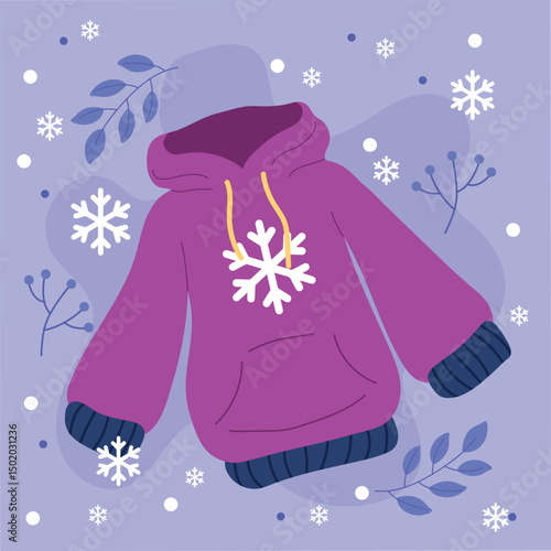 Snowflake hoodie with pockets. Vector