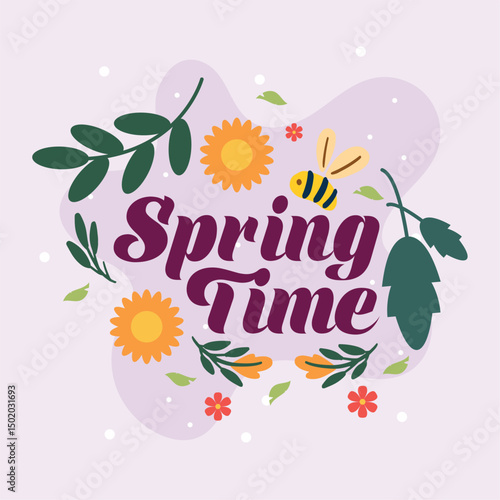 Spring bee and sunflower scene. Vector