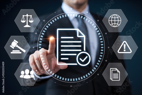 Business Compliance and Regulatory Standards – Businessman Interacting with Icons for Policy Control, Law Enforcement, and Legal Governance