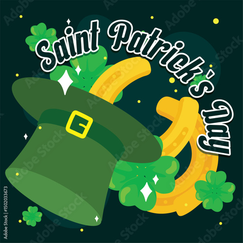 Hat with clovers and horseshoes. Vector