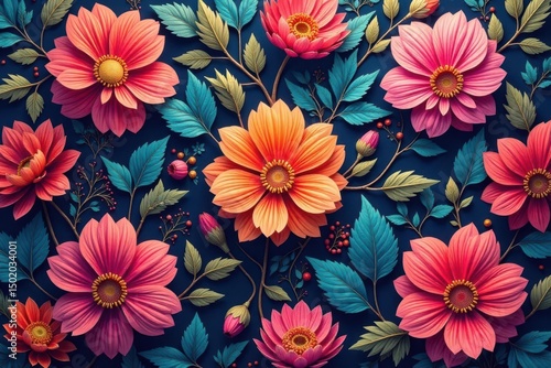 Intricate, flowing blossoms form continuous, vibrant pattern , botanical, elegant