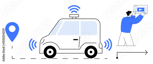 Driverless car with wireless signals, geolocation pin, and figure controlling it via tablet. Ideal for technology, innovation, transportation, connectivity, automation, navigation simple landing
