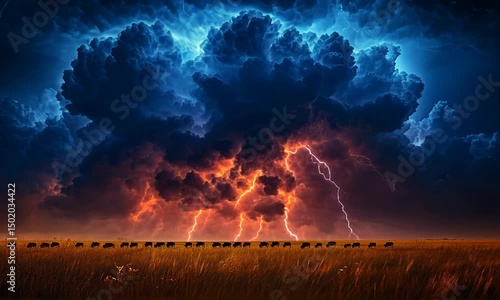 Fiery, lightning-filled storm over a field.