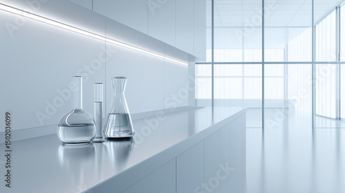 Laboratory glassware containing liquid is standing on metal table in modern lab with big windows and white light, concept of pharmaceutical research and development