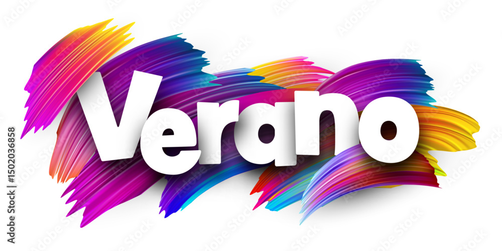 Obraz premium Spanish word meaning summer in bold white letters over vibrant multicolor vector brush strokes