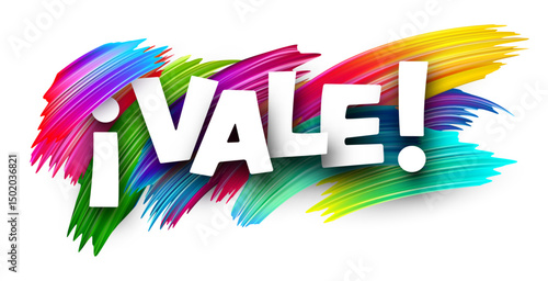 Spanish word meaning OK or alright in bold white letters over dynamic multicolor vector brush strokes