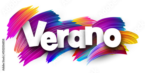 Spanish word meaning summer in bold white letters over vibrant multicolor vector brush strokes
