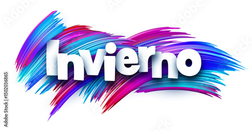 Spanish word meaning winter in bold white letters over vibrant cool-toned multicolor vector brush strokes