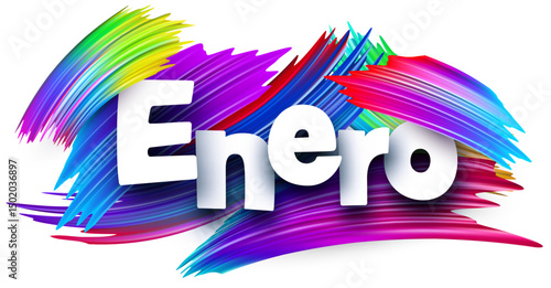Spanish word meaning January in bold white letters over bright multicolor vector brush strokes