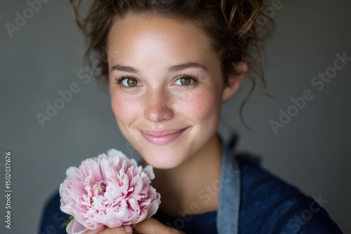 Close-up portrait of a young woman holding a pink peony. Soft lighting, natural look. Ideal for beauty, floral, or lifestyle projects.