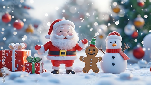 Festive scene with santa claus, snowman, and gingerbread man.