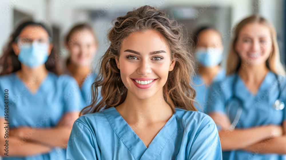 Smiling female healthcare professional in scrubs with colleagues in background showing teamwork Smiling female healthcare professional in scrubs with colleagues in background showing teamwork