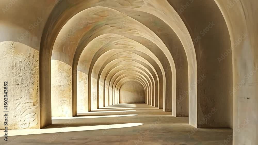 Serene Architectural Corridor with Elegant Arches, Soft Natural Light, and Smooth Walls Creating Peaceful Atmosphere of Symmetry and Shadows in Interior Design. Serene Architectural Corridor with Elegant Arches, Soft Natural Light, and Smooth Walls Creating Peaceful Atmosphere of Symmetry and Shadows in Interior Design.