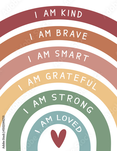 I am kind, I am brave, I am loved, bohemian affirmation poster, positive affirmation rainbow, mental health, motivational wall art, therapy office decor, school counselor 