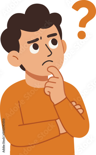 Flat Vector Illustration of a Thoughtful Person in an Orange Shirt with a Question Mark Above, Representing Curiosity, Decision-Making, and Problem-Solving