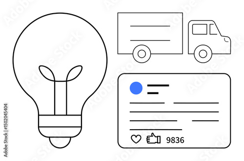 Lightbulb symbolizes ideas, truck represents delivery, and social media post portrays user engagement. Ideal for creativity, innovation, logistics, networking, marketing, branding social media