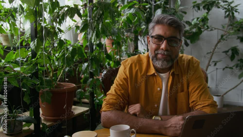 Medium portrait of handsome mature Indian male entrepreneur sitting at table among lush green foliage in quaint cafe, working remotely on laptop, then looking at camera, straightening glasses, smiling Medium portrait of handsome mature Indian male entrepreneur sitting at table among lush green foliage in quaint cafe, working remotely on laptop, then looking at camera, straightening glasses, smiling