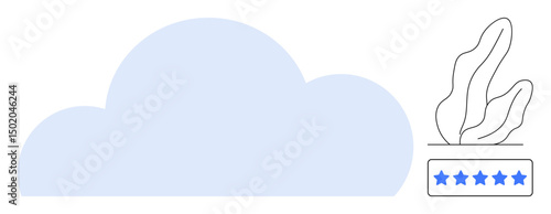 Soft cloud shape beside a potted plant and five-star quality rating. Ideal for growth, sustainability, quality assurance, eco-friendliness, online services, branding, simple landing page