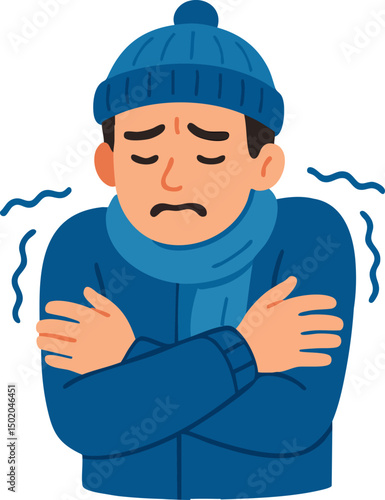 Flat Vector Illustration of a Person Shivering in Cold Weather, Bundled in a Blue Beanie, Scarf, and Jacket, Arms Crossed, Wavy Lines Indicating Cold