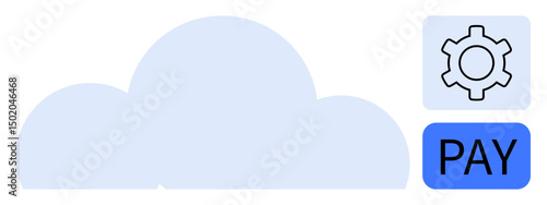 Cloud graphic with gear icon for settings in the top right and blue payment button below. Ideal for cloud computing, fintech, settings, financial technology, SaaS, workflow, web services, simple