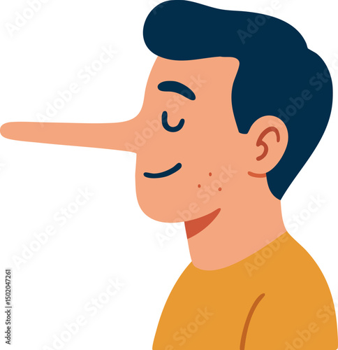 Flat Vector Illustration of a Cartoon Character with an Exaggeratedly Long Nose, Humorously Representing Dishonesty and the Act of Telling Lies